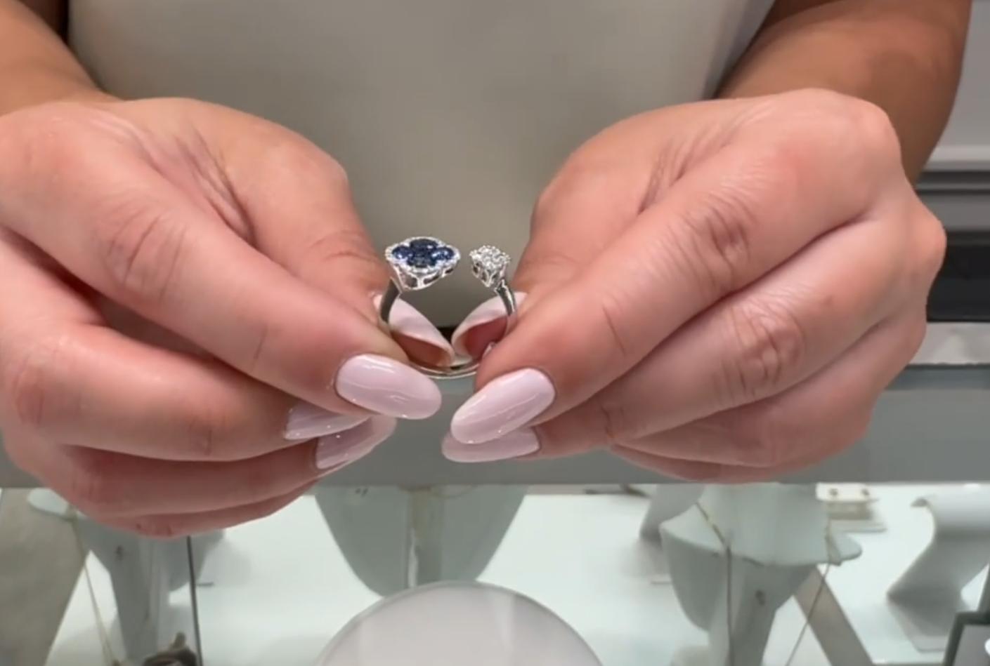 Sapphire Quatrefoil Bypass Ring in 18K White Gold with Diamonds For Sale 4