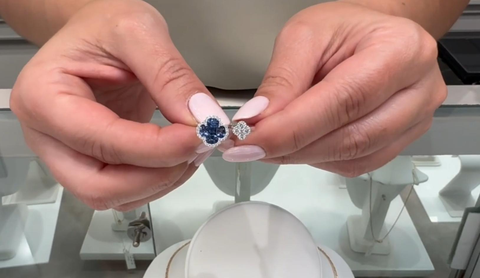 Sapphire Quatrefoil Bypass Ring in 18K White Gold with Diamonds For Sale 5