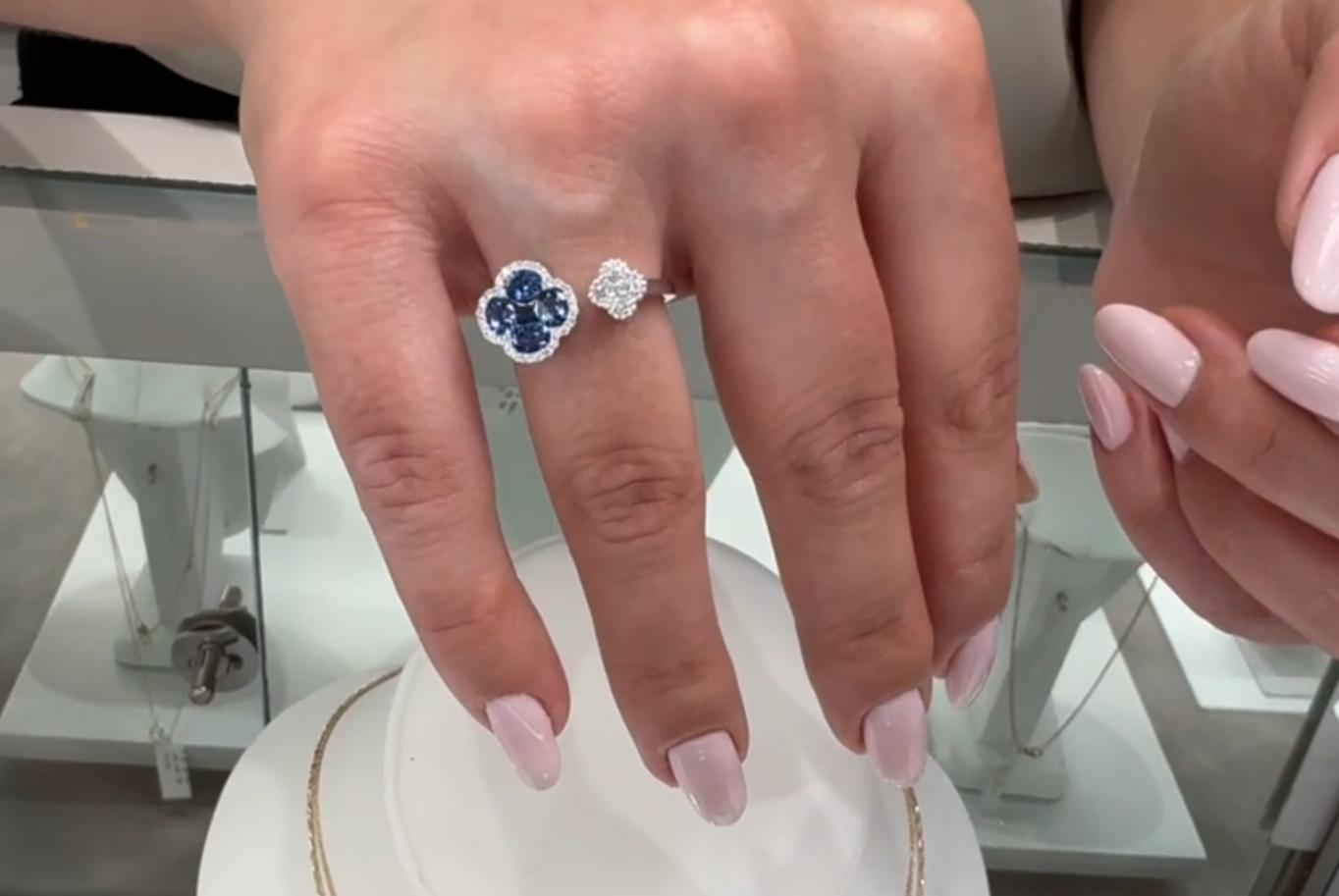 Sapphire Quatrefoil Bypass Ring in 18K White Gold with Diamonds For Sale 1