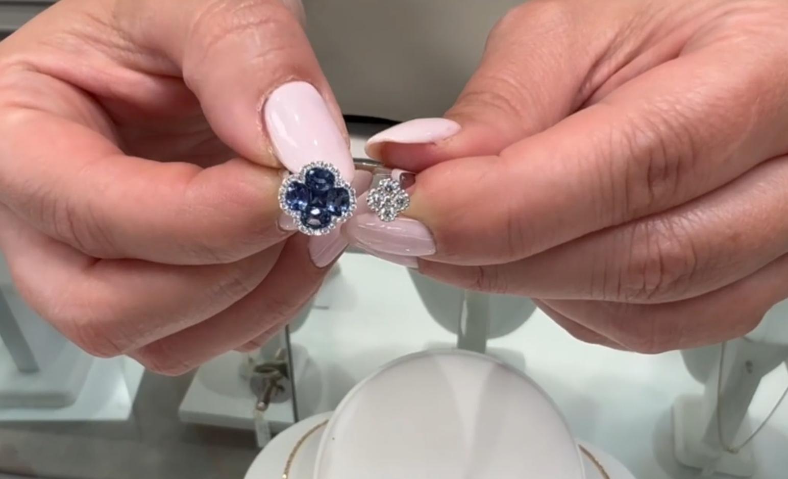 Sapphire Quatrefoil Bypass Ring in 18K White Gold with Diamonds For Sale 2