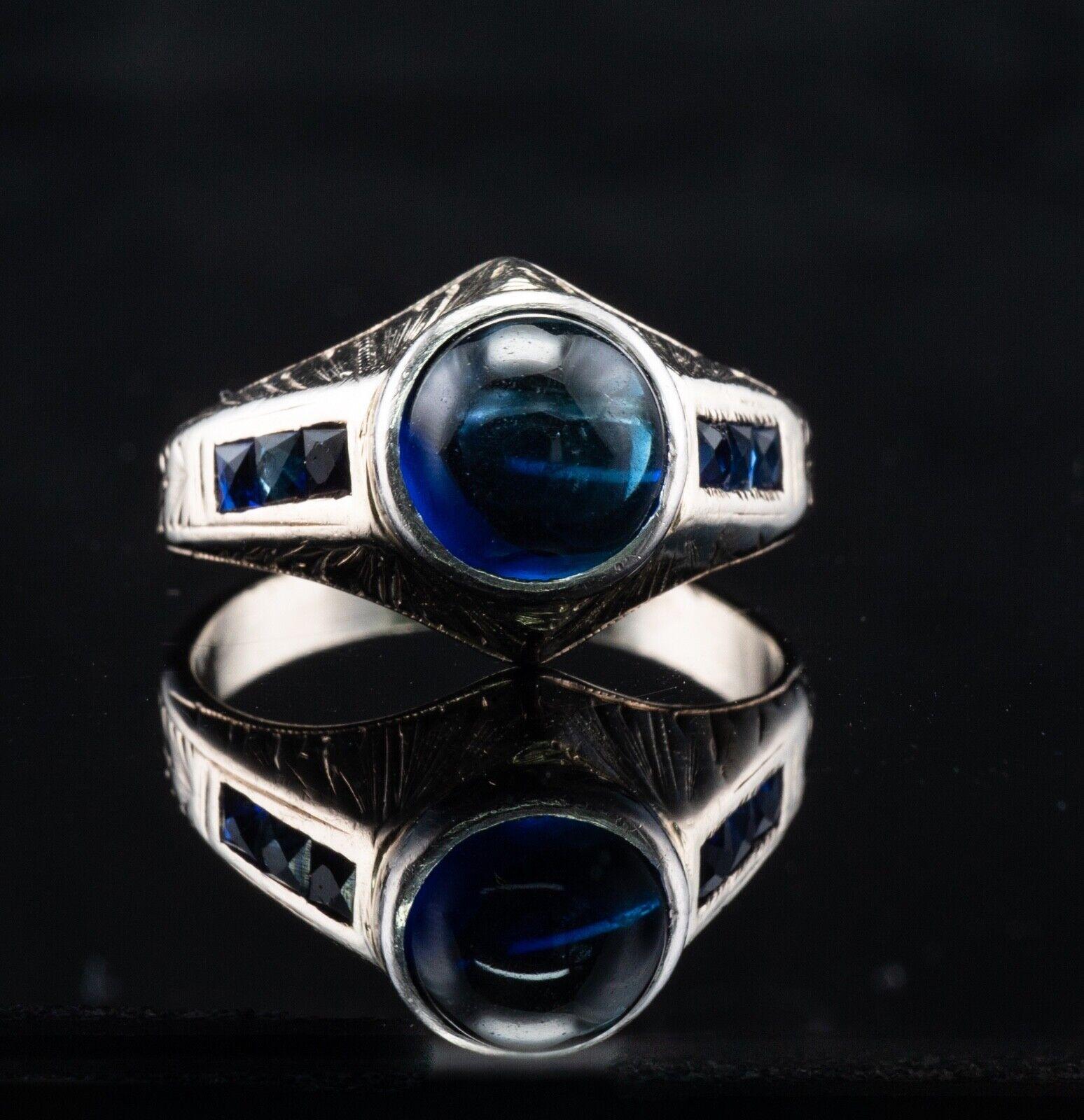 Sapphire Ring 14K White Gold Vintage French Cut Cabochon In Fair Condition For Sale In East Brunswick, NJ