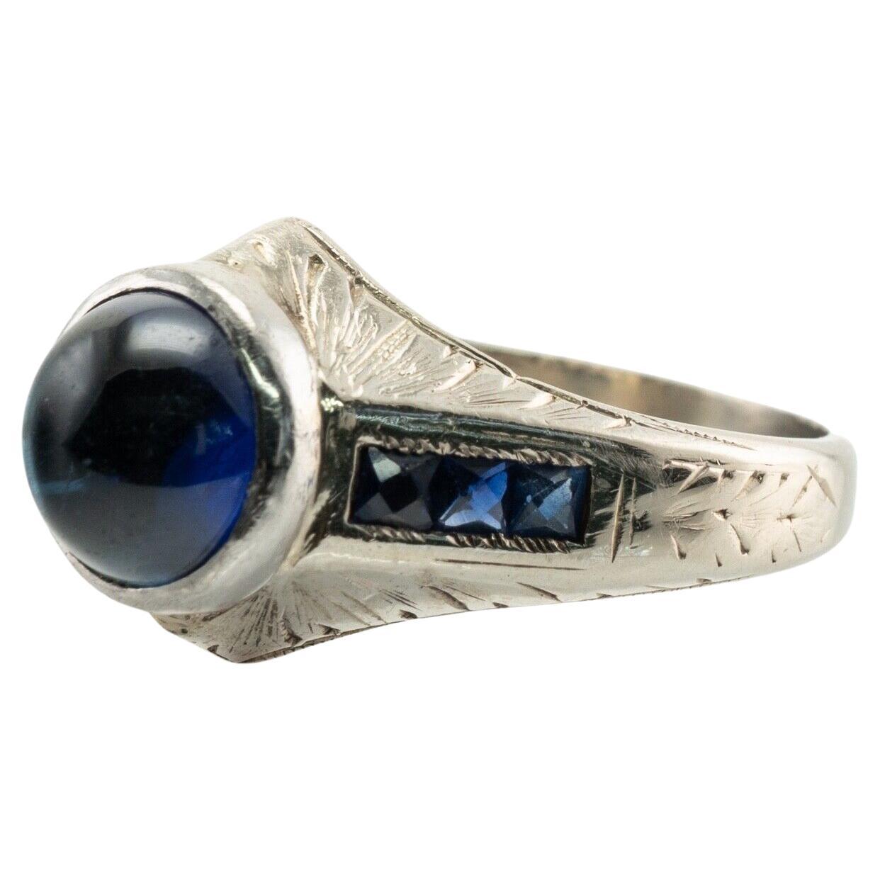 Sapphire Ring 14K White Gold Vintage French Cut Cabochon
