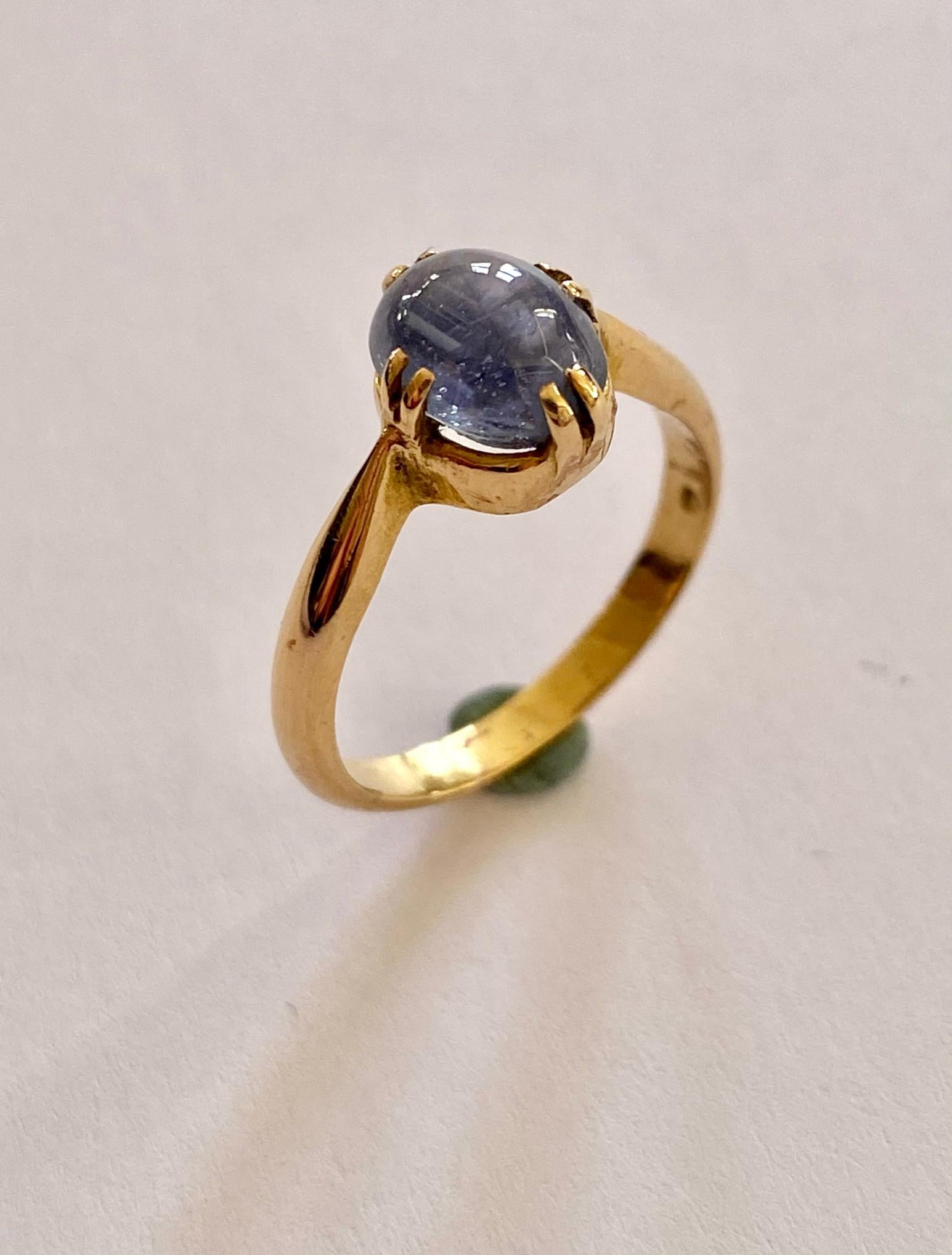 One (1)  18 Karat Yellowgold ring, set with one (1) cabuchon natural Sapphire.
Carat weight: 2.50 ct.   8.00 x 6.50 x 4.50 mm
Color Grade: Light Blue
Stamped 750/-  (New Stamp Holland 2020)
The sapphire has no treatment of heat or any other