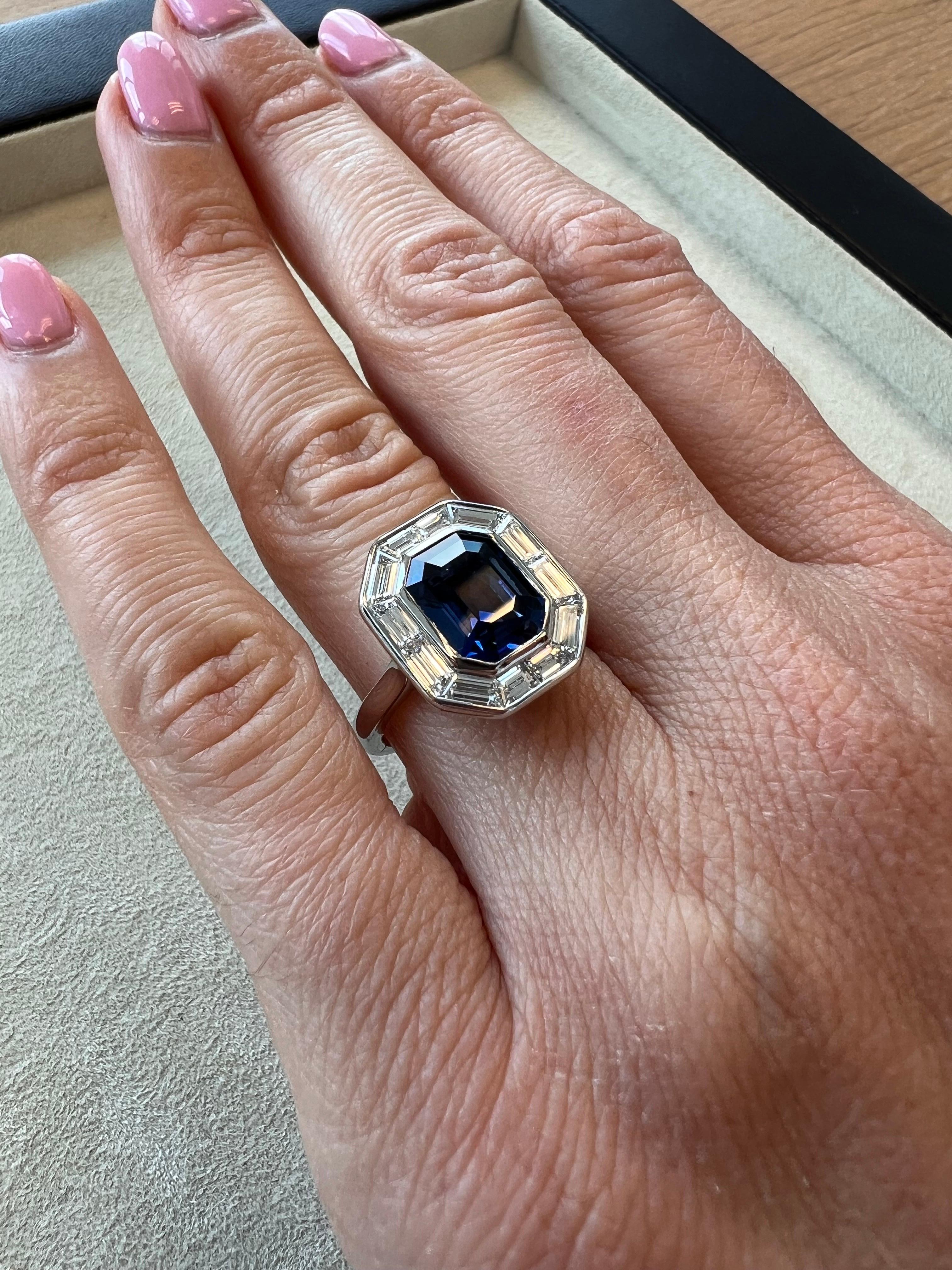 Contemporary Sapphire Ring 3.54 Carat Blue Emerald Cut  For Sale