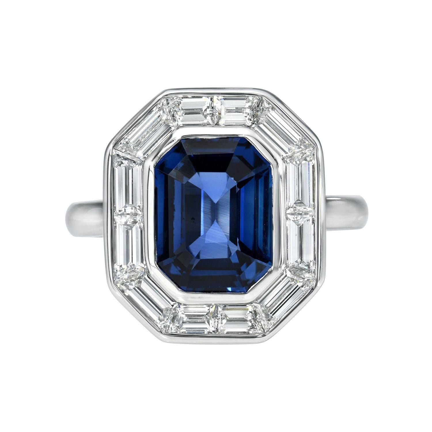 Women's Sapphire Ring 3.54 Carat Blue Emerald Cut  For Sale