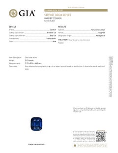 5.03 Carat Royal Blue Sapphire Cushion Three Stone Platinum Engagement Ring