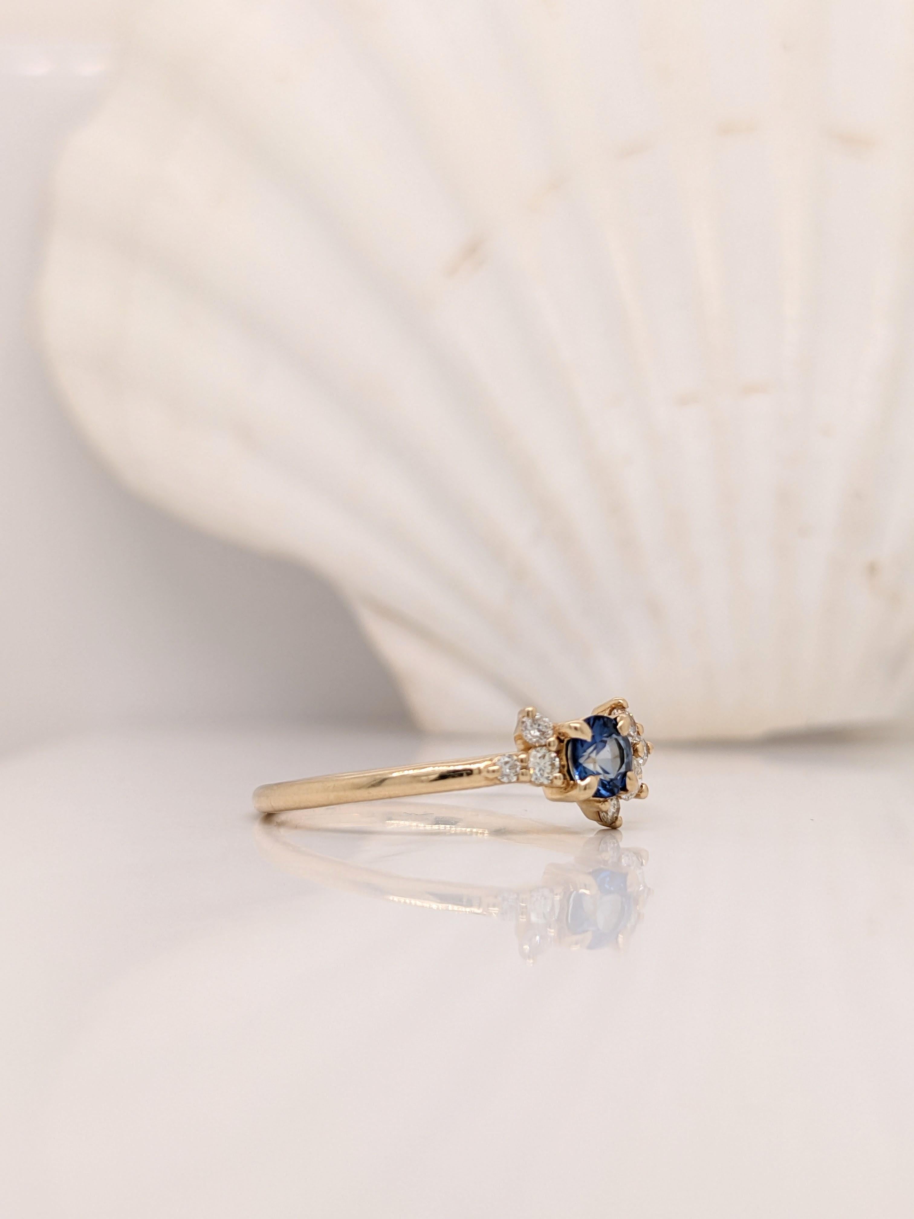 Modernist Sapphire Ring Accented w Natural Diamonds in 14k Solid Yellow Gold Round 4mm For Sale