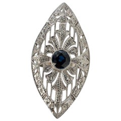 Sapphire Ring Art Deco Shield 18K White Gold Cocktail