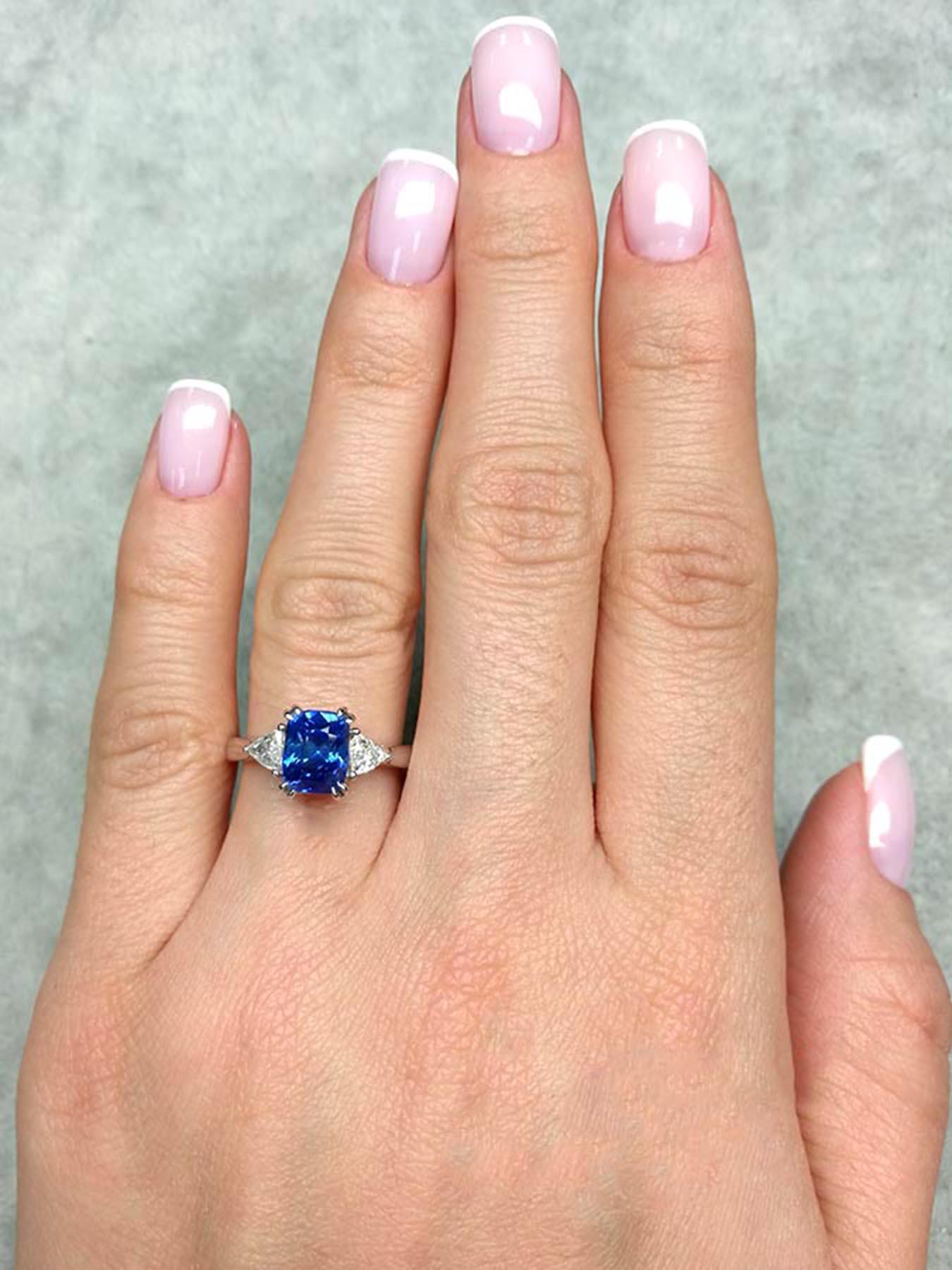 Cushion Cut Sapphire Ring Diamond Wedding Band White Gold Blue Gemstone Engagement For Sale