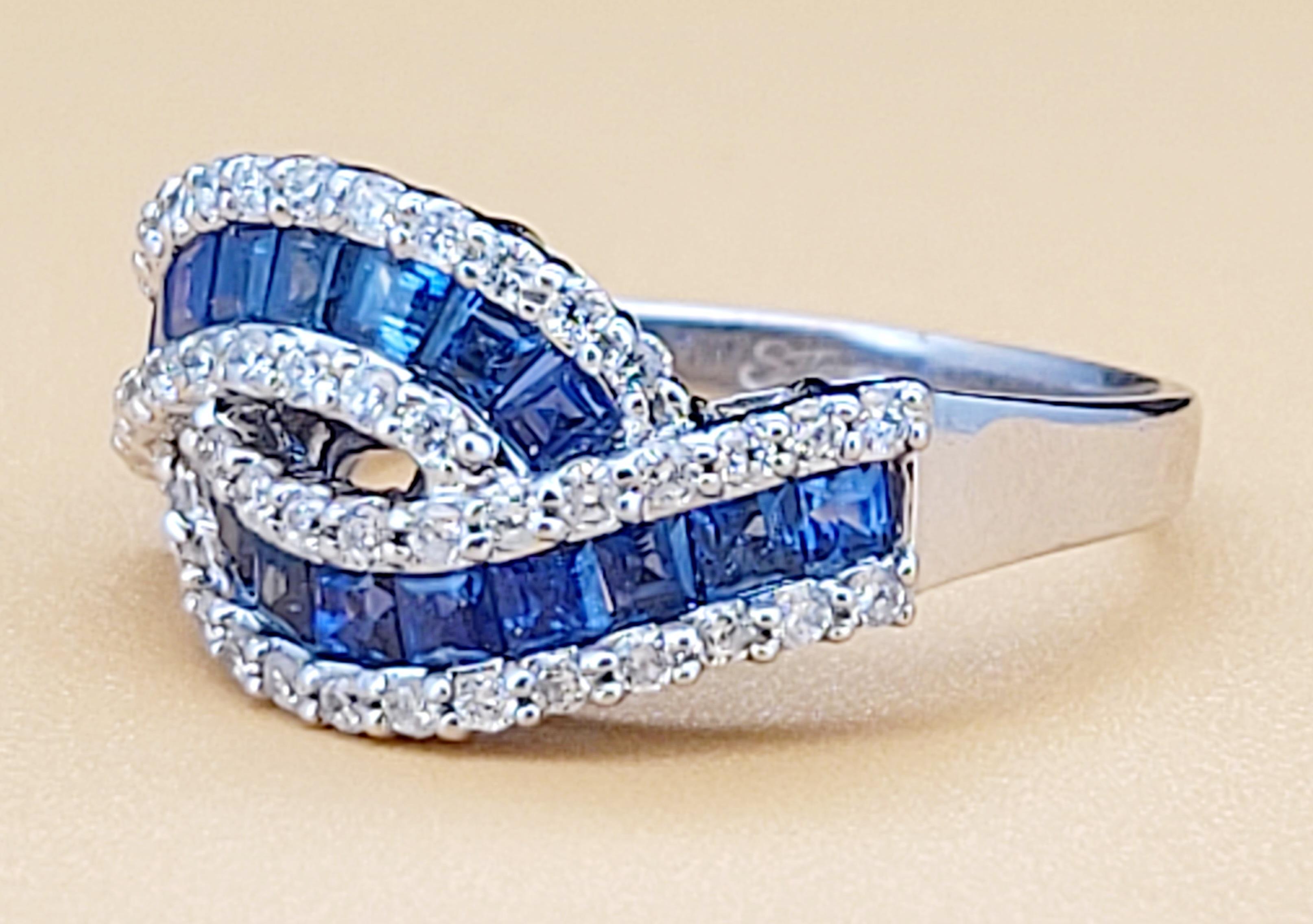 Square Cut Sapphire Ring in 14K White Gold with Diamonds Size 6 For Sale