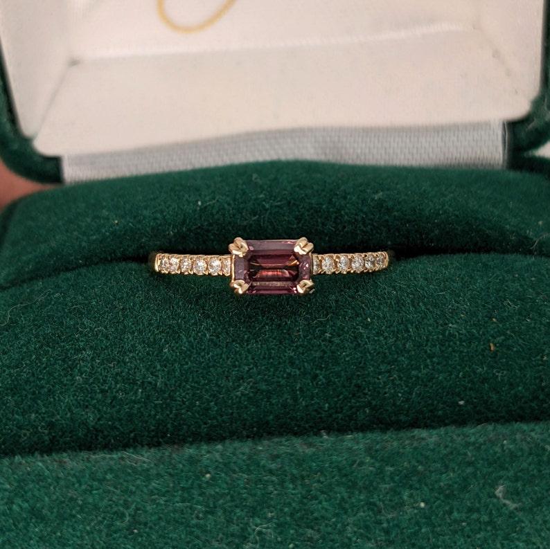 Sapphire Ring w Diamond Pave Shank in 14k Yellow gold East West Emerald Cut 6x4 For Sale 2