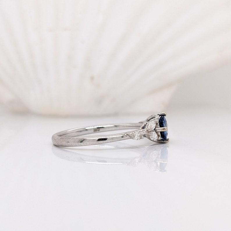 Victorian Sapphire Ring w Marquis Diamond Accents in Solid 14K White Gold Round 5mm For Sale