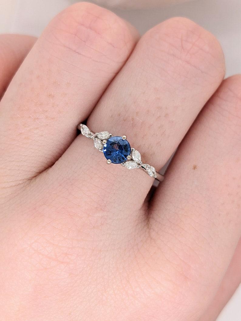 Sapphire Ring w Marquis Diamond Accents in Solid 14K White Gold Round 5mm In New Condition In Columbus, OH
