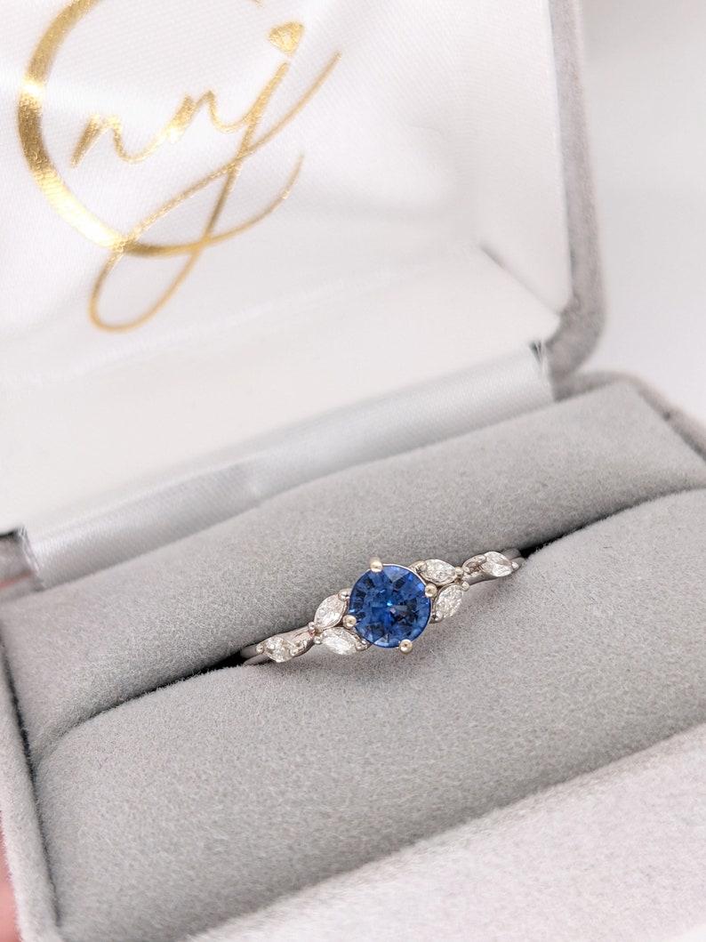 Sapphire Ring w Marquis Diamond Accents in Solid 14K White Gold Round 5mm 2