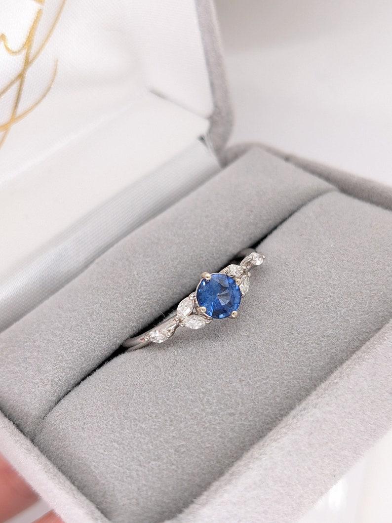 Sapphire Ring w Marquis Diamond Accents in Solid 14K White Gold Round 5mm For Sale 3