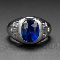 Sapphire Ring with Diamonds in Platinum, Circa 1950s Certified Heat-Only