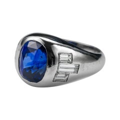 Antique Sapphire Ring with Diamonds in Platinum, Circa 1950s Certified Heat-Only