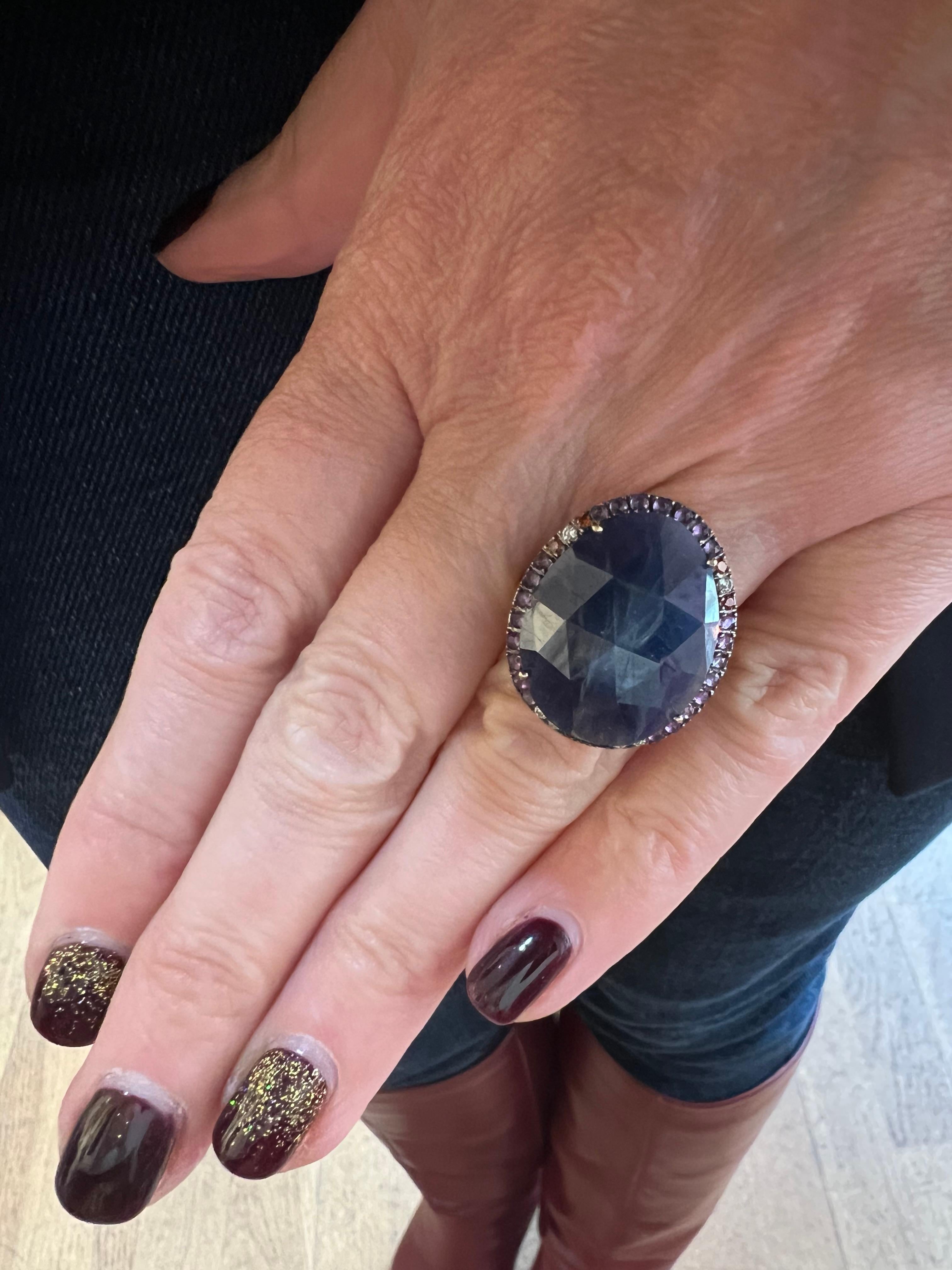 Sapphire Amethyst Diamonds 18 Carat Rose Gold Ring In Excellent Condition In Paris, FR