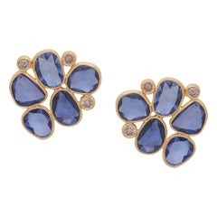 Sapphire Rose Cut and Diamond Earring Handcrafted in 22 Karat Yellow Gold
