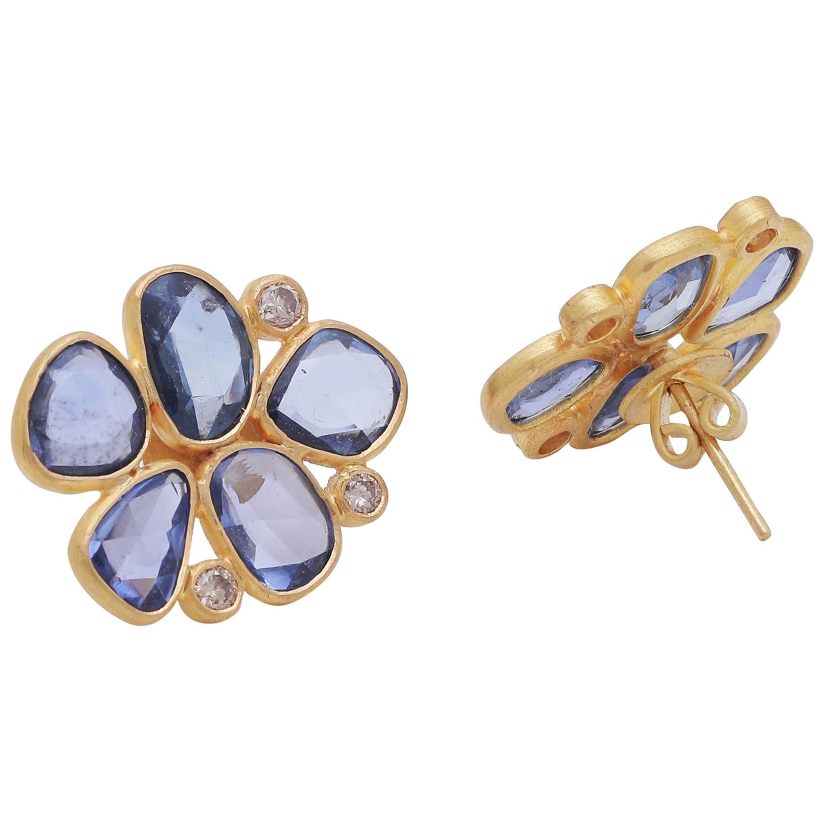 Sapphire Rose Cut and Diamond Earring Pair Handcrafted in 22 Karat Yellow Gold