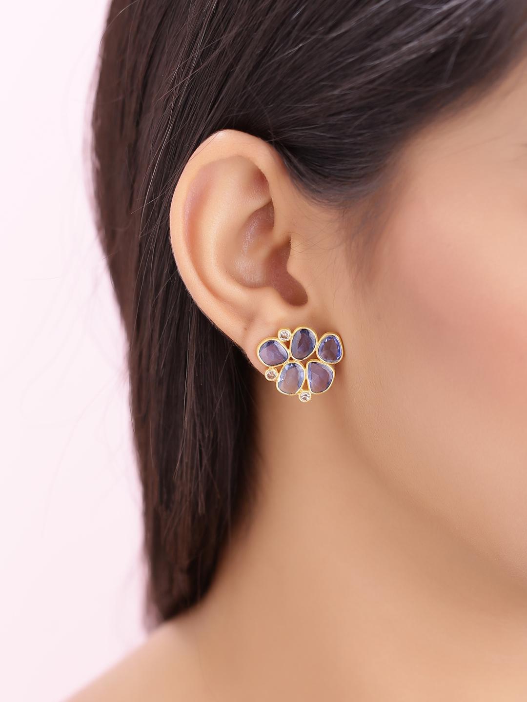 Modern Sapphire Rose Cut and Diamond Earring Pair Handcrafted in 22 Karat Yellow Gold