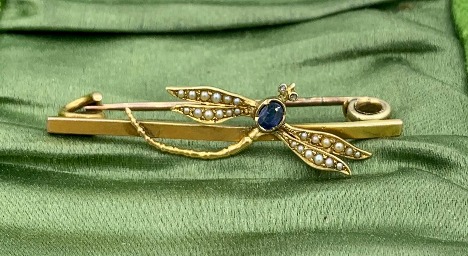 Sapphire Rose Cut Diamond Dragonfly Insect Brooch Pin Art Nouveau 14 Karat Gold In Good Condition For Sale In New York, NY