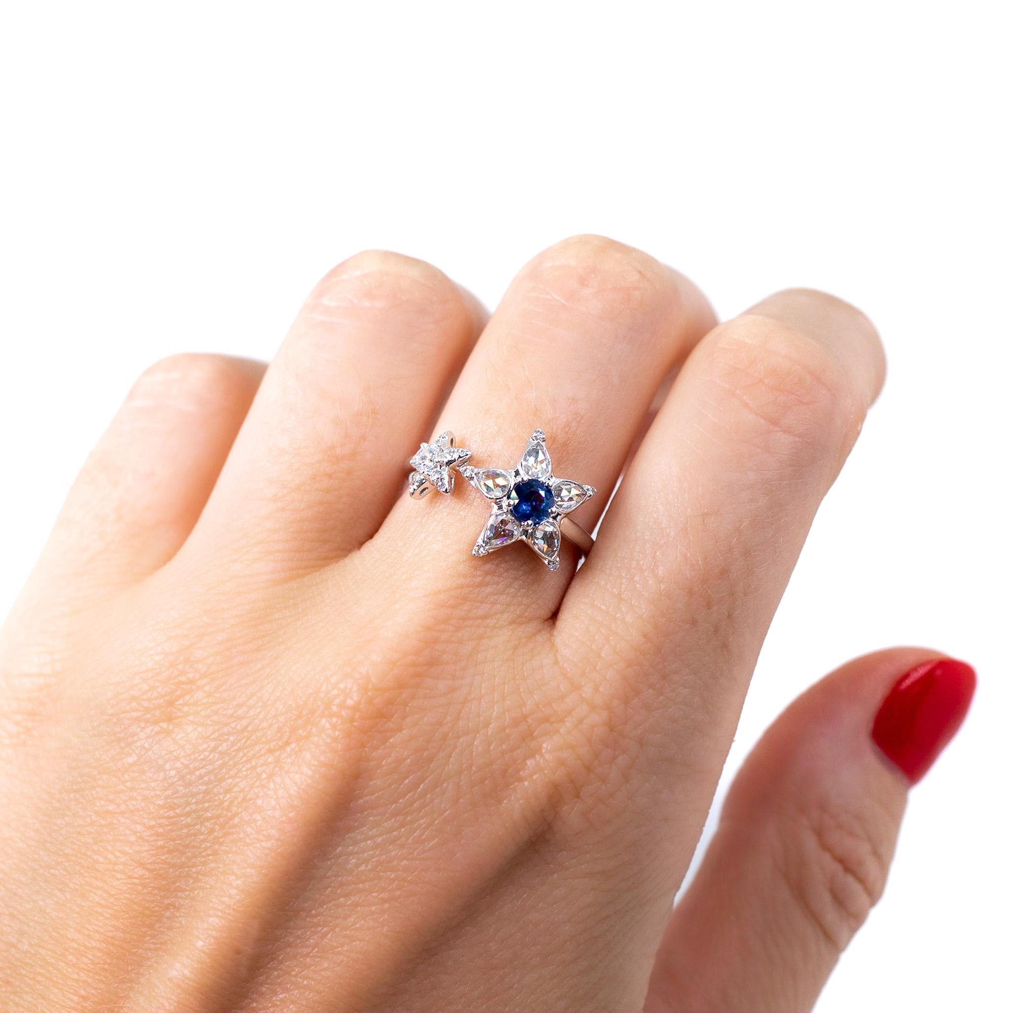 For Sale:  Sapphire & Rose Cut Diamond Open Star Ring 7