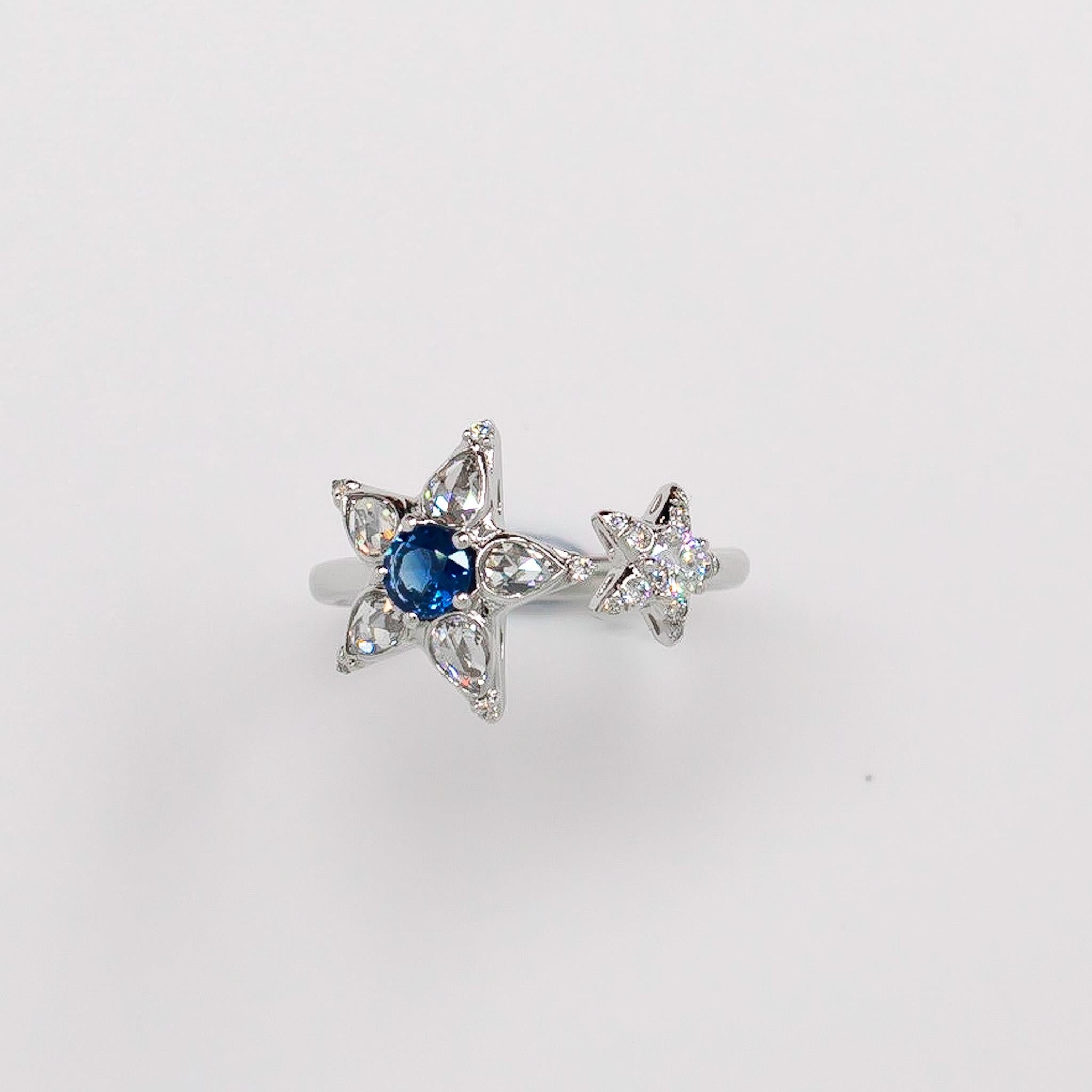 For Sale:  Sapphire & Rose Cut Diamond Open Star Ring 9