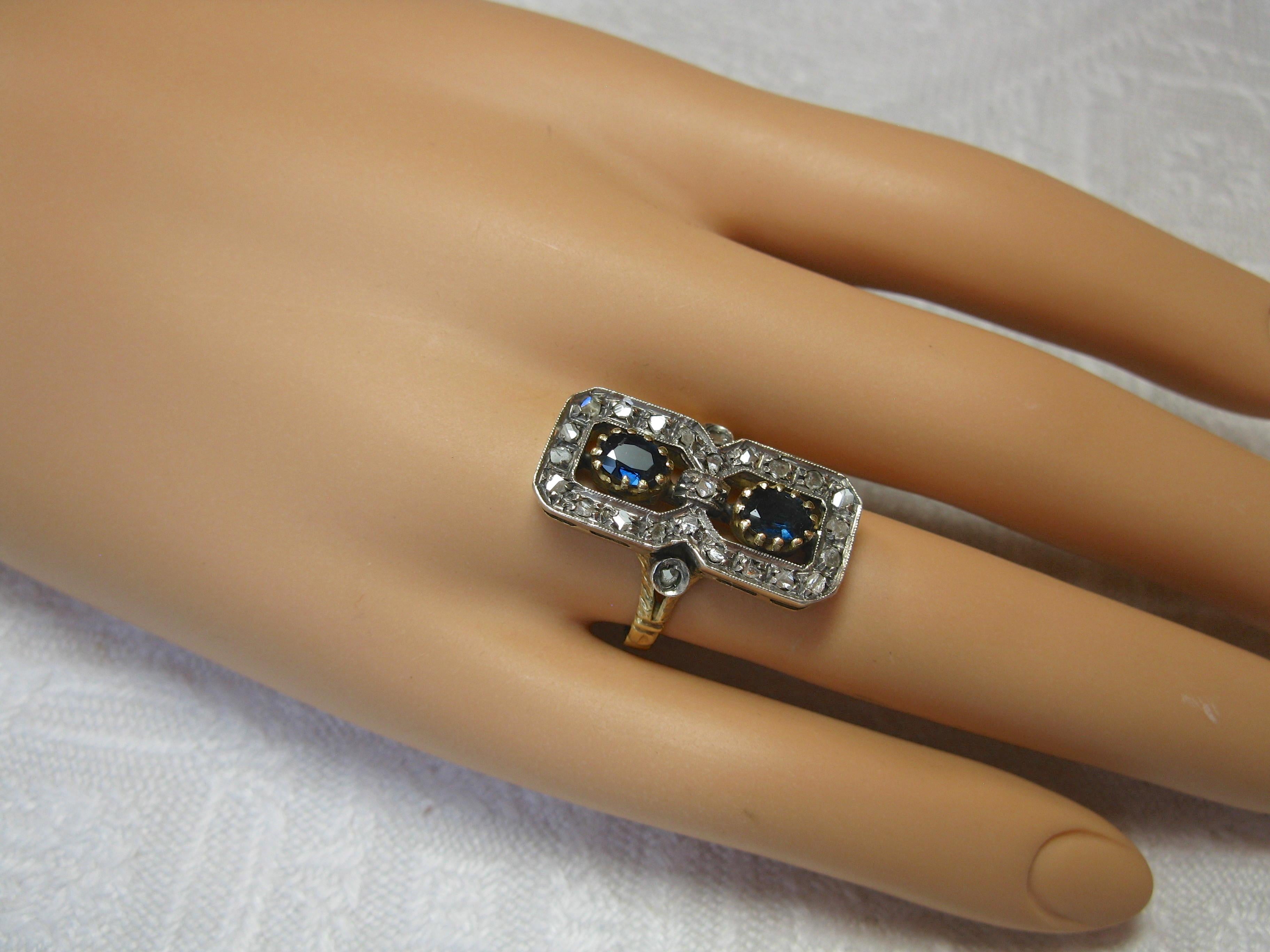 Women's Sapphire Rose Cut Diamond Ring 18 Karat Gold circa 1900 Florentine Victorian