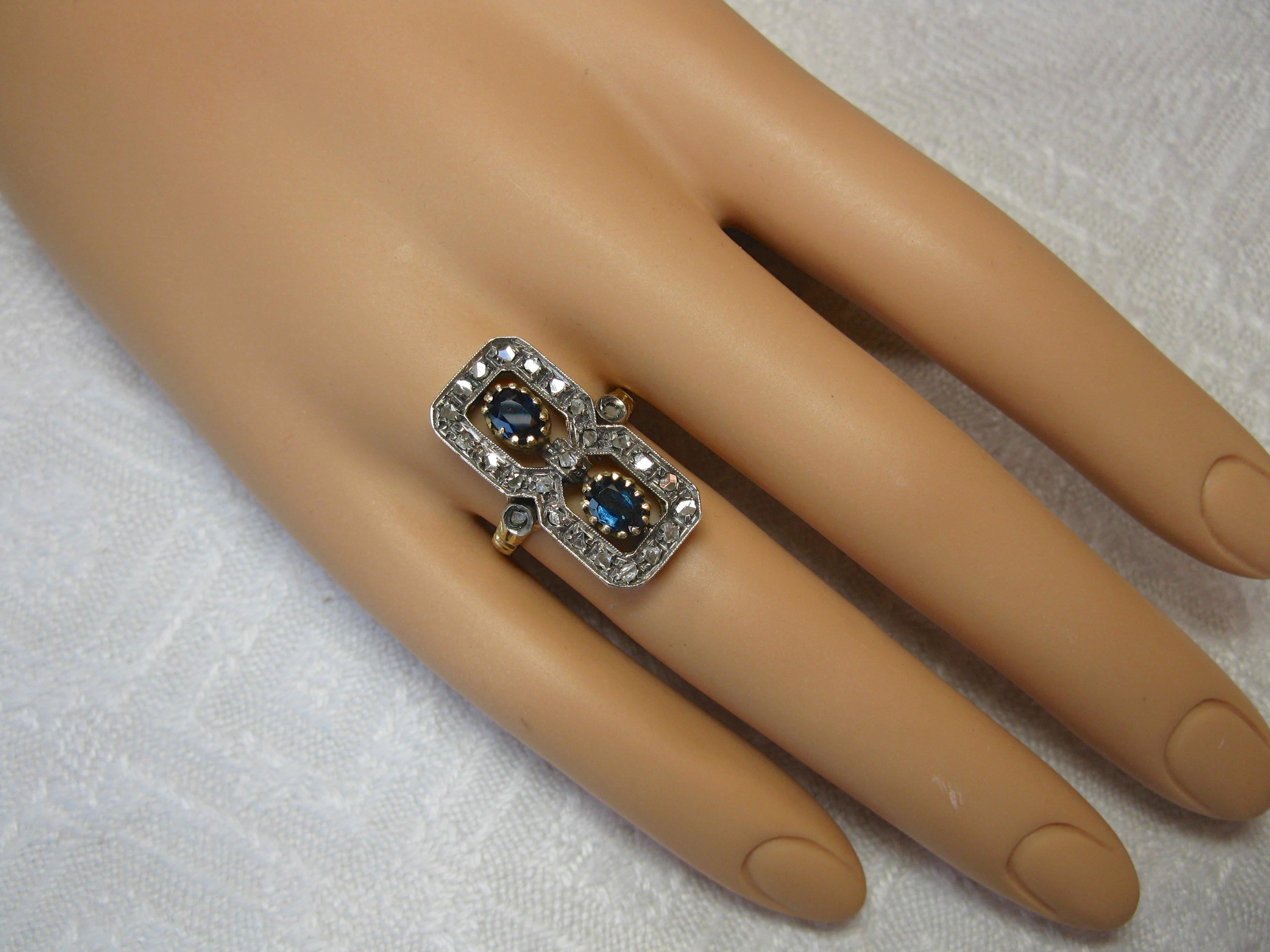 Sapphire Rose Cut Diamond Ring 18 Karat Gold circa 1900 Florentine Victorian 1