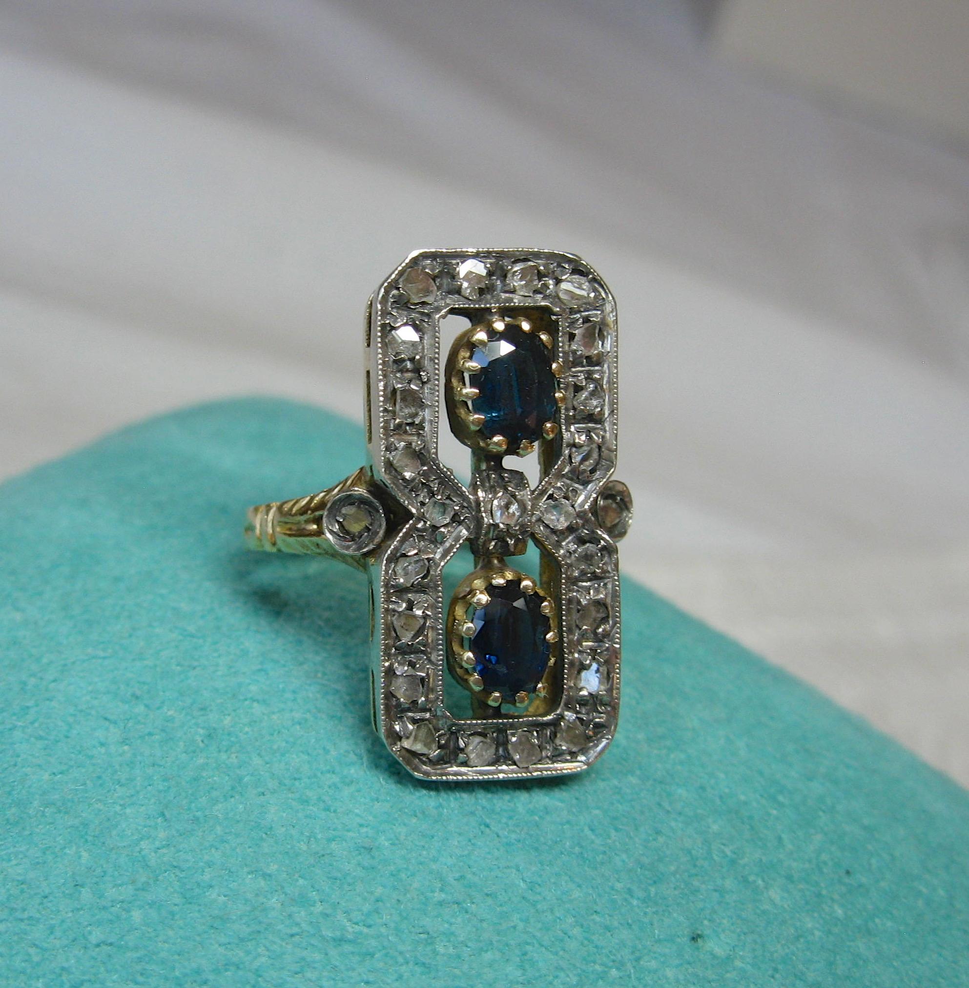 Sapphire Rose Cut Diamond Ring 18 Karat Gold circa 1900 Florentine Victorian 2