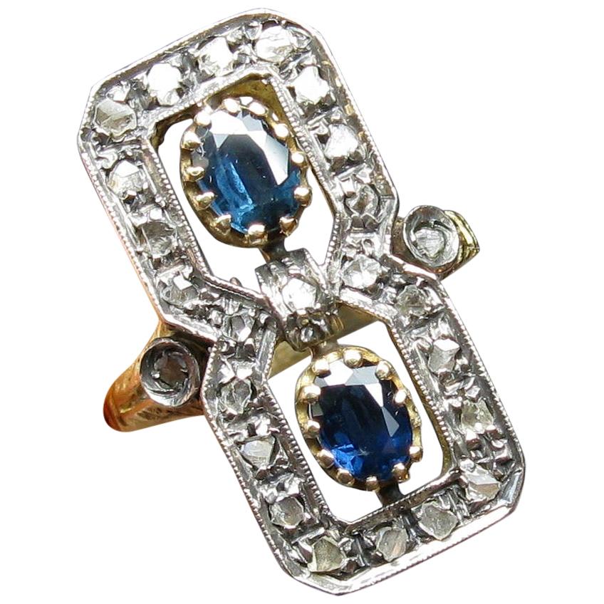 Sapphire Rose Cut Diamond Ring 18 Karat Gold circa 1900 Florentine Victorian