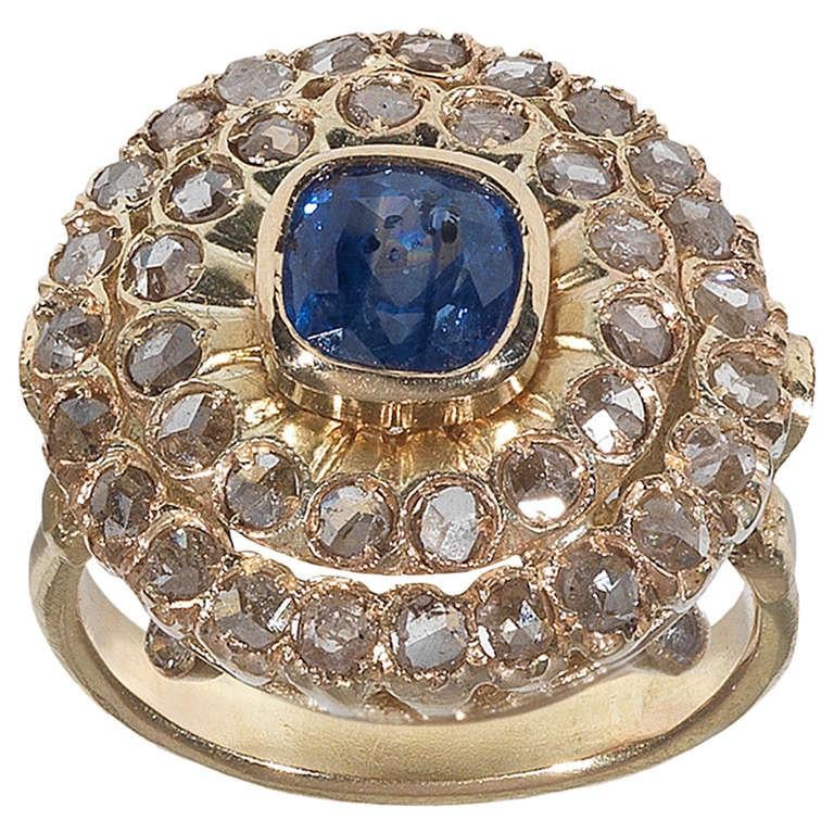 Edwardian Sapphire Rose Diamond Gold Cluster Ring