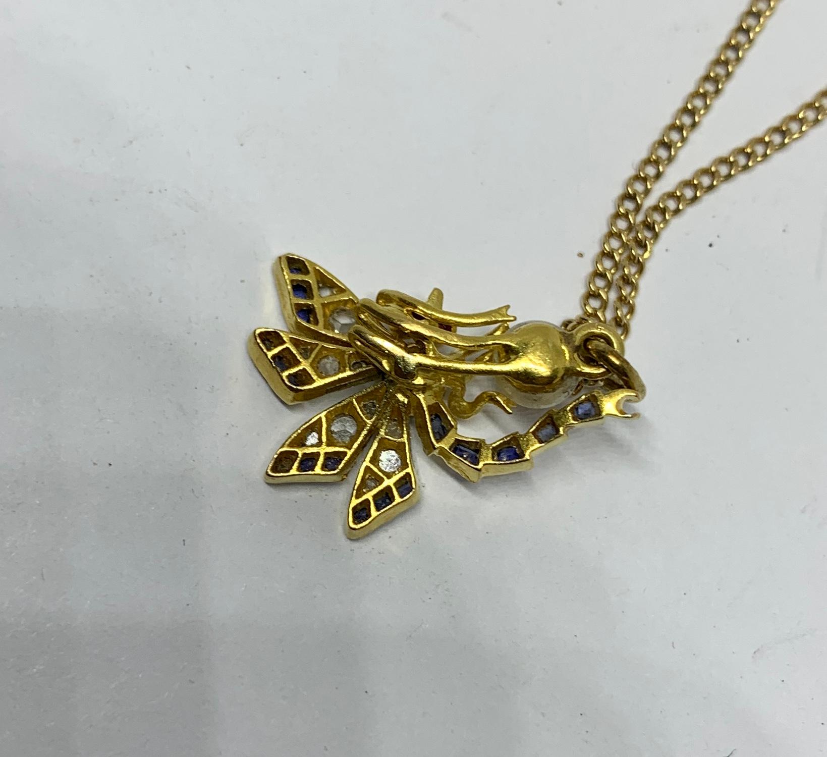 Sapphire Rose Diamond Ruby Dragonfly Insect Necklace Art Nouveau 14 Karat Gold For Sale 6