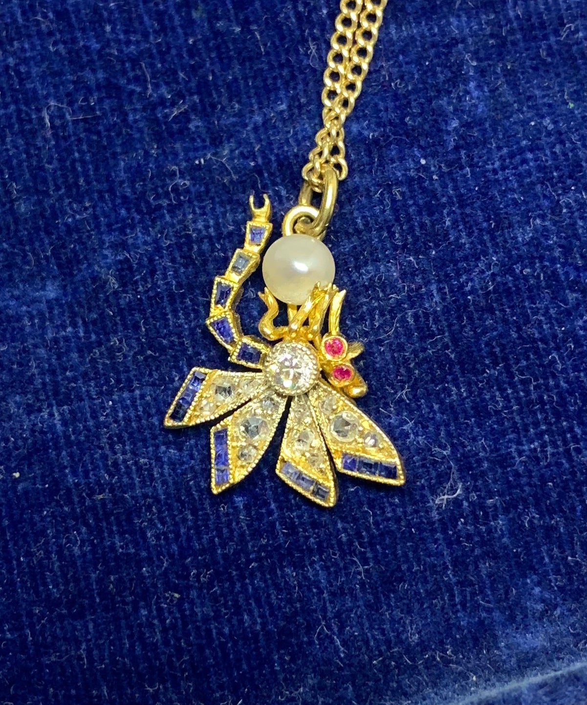 Rose Cut Sapphire Rose Diamond Ruby Dragonfly Insect Necklace Art Nouveau 14 Karat Gold For Sale