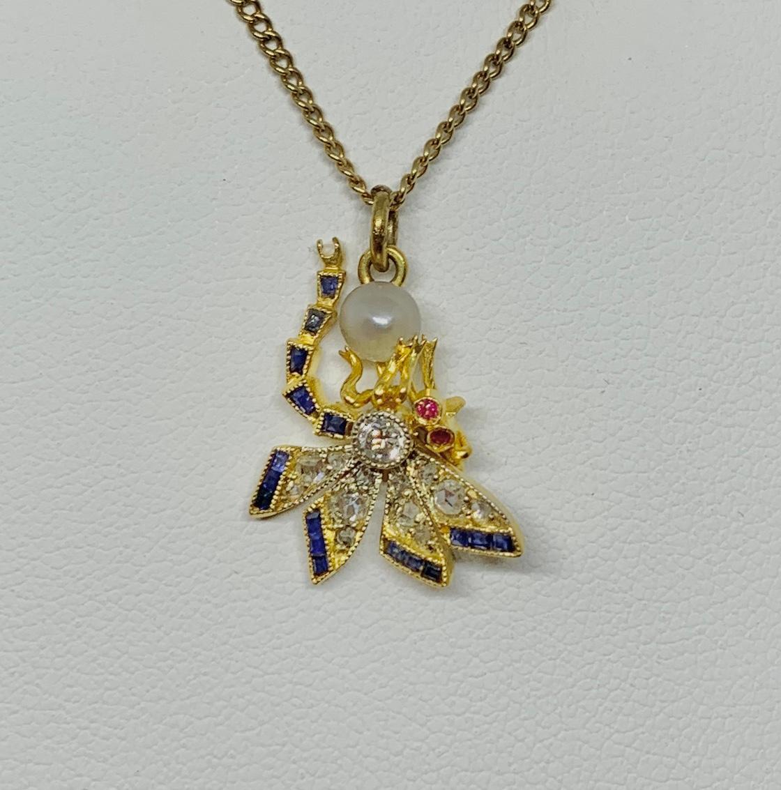 Women's Sapphire Rose Diamond Ruby Dragonfly Insect Necklace Art Nouveau 14 Karat Gold For Sale