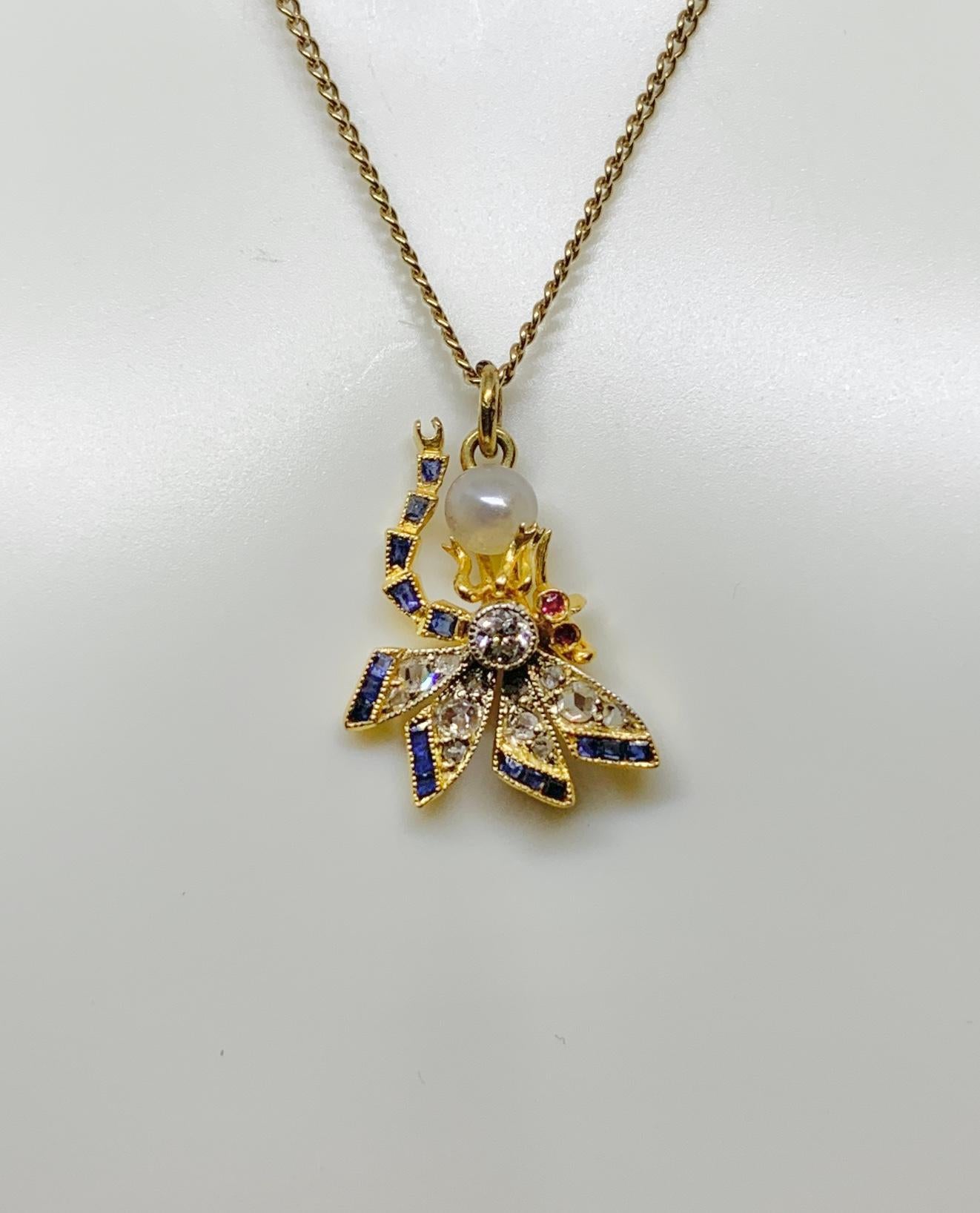 Sapphire Rose Diamond Ruby Dragonfly Insect Necklace Art Nouveau 14 Karat Gold For Sale 4