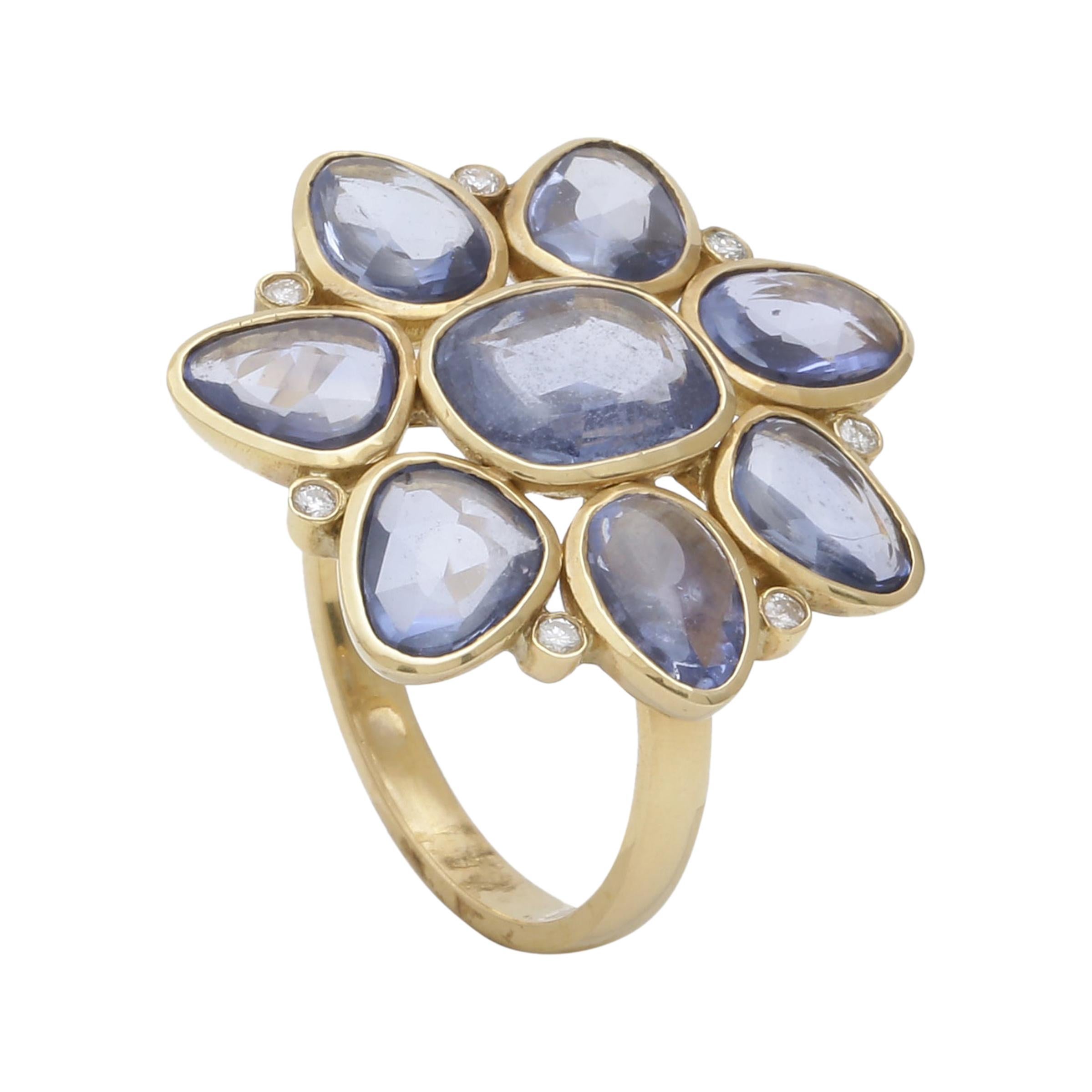 Sapphire Rosecut and Diamond Flower Motif Ring Handcrafted in 18 Karat Gold For Sale