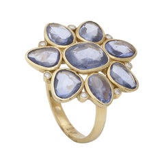 Sapphire Rosecut and Diamond Flower Motif Ring Handcrafted in 18 Karat Gold