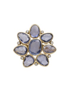 Sapphire Rosecut and Diamond Flower Motif Ring Handcrafted in 18 Karat Gold