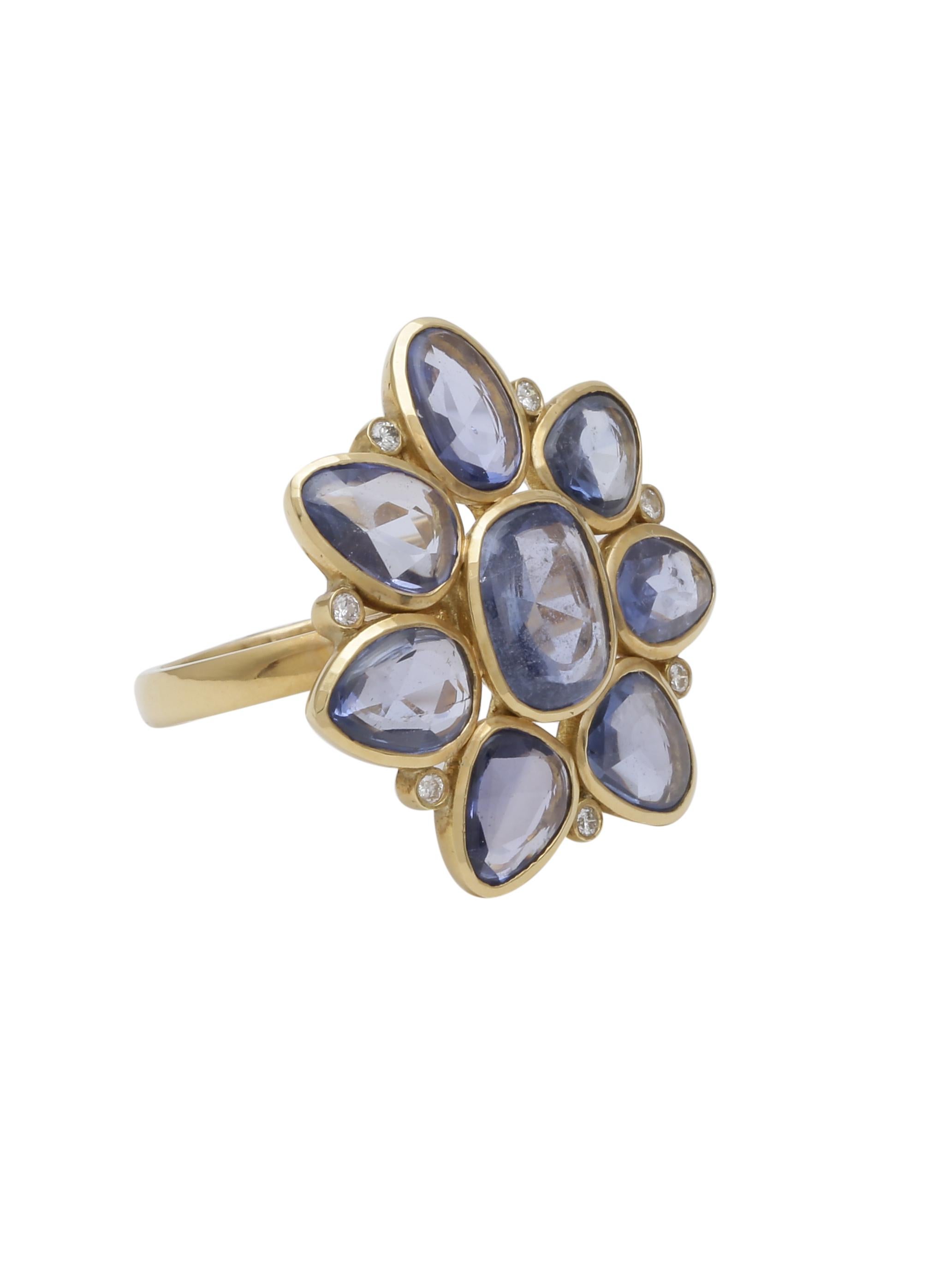 Modern Sapphire Rosecut and Diamond Flower Motif Ring Handcrafted in 18 Karat Gold For Sale