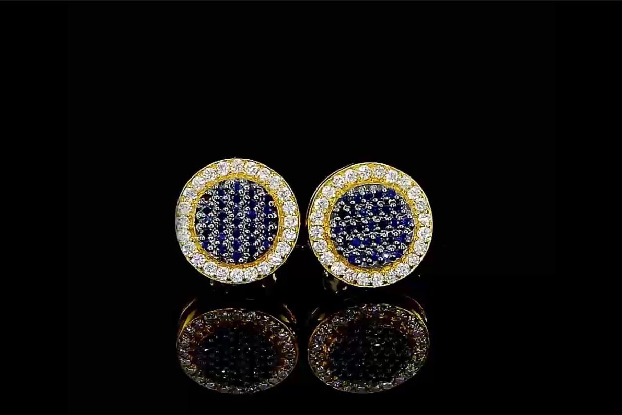 10kt white gold sapphire earring with diamonds
  
  Gold colour & karat: White gold 10kt
  Weight: 2.47 grams
  
  Set with-
  Stone type: Sapphire
  Shape: Round
  Carat: 0.35 (58 Pcs)
  Colour: -
  Clarity: -
  
  Surrounding Stones: Diamonds
 1)