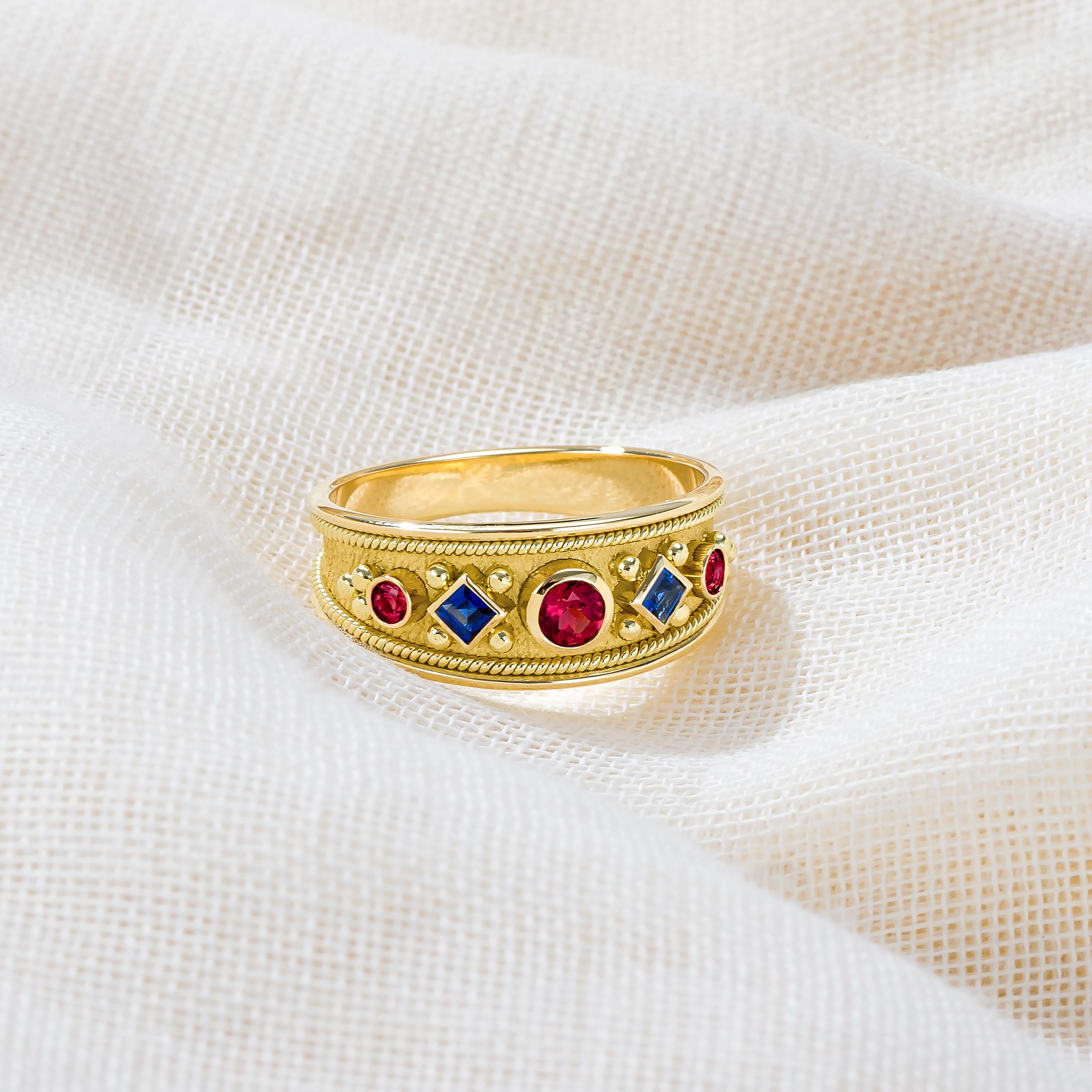 Round Cut Sapphire Rubies Byzantine Gold Ring For Sale