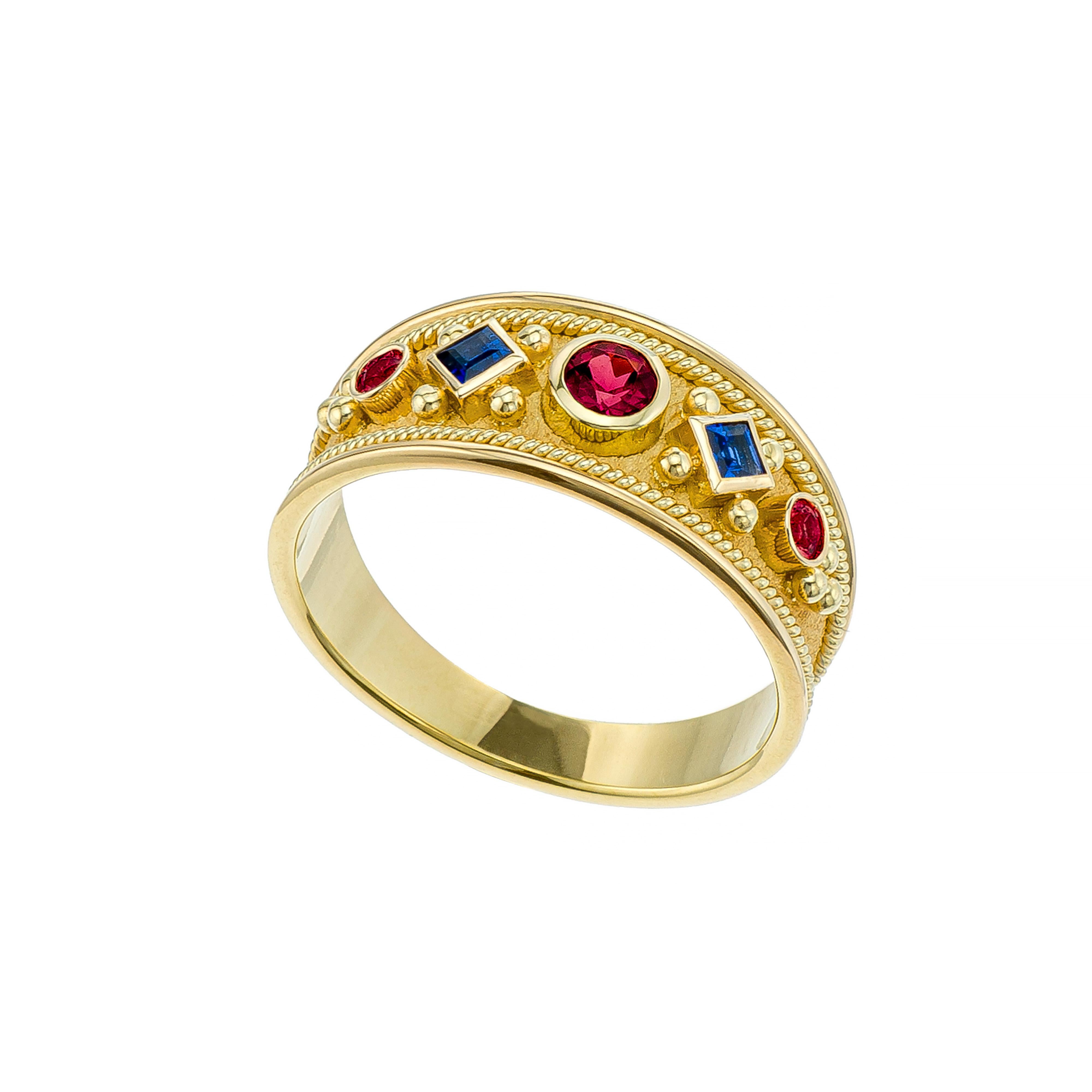 Sapphire Rubies Byzantine Gold Ring For Sale 1
