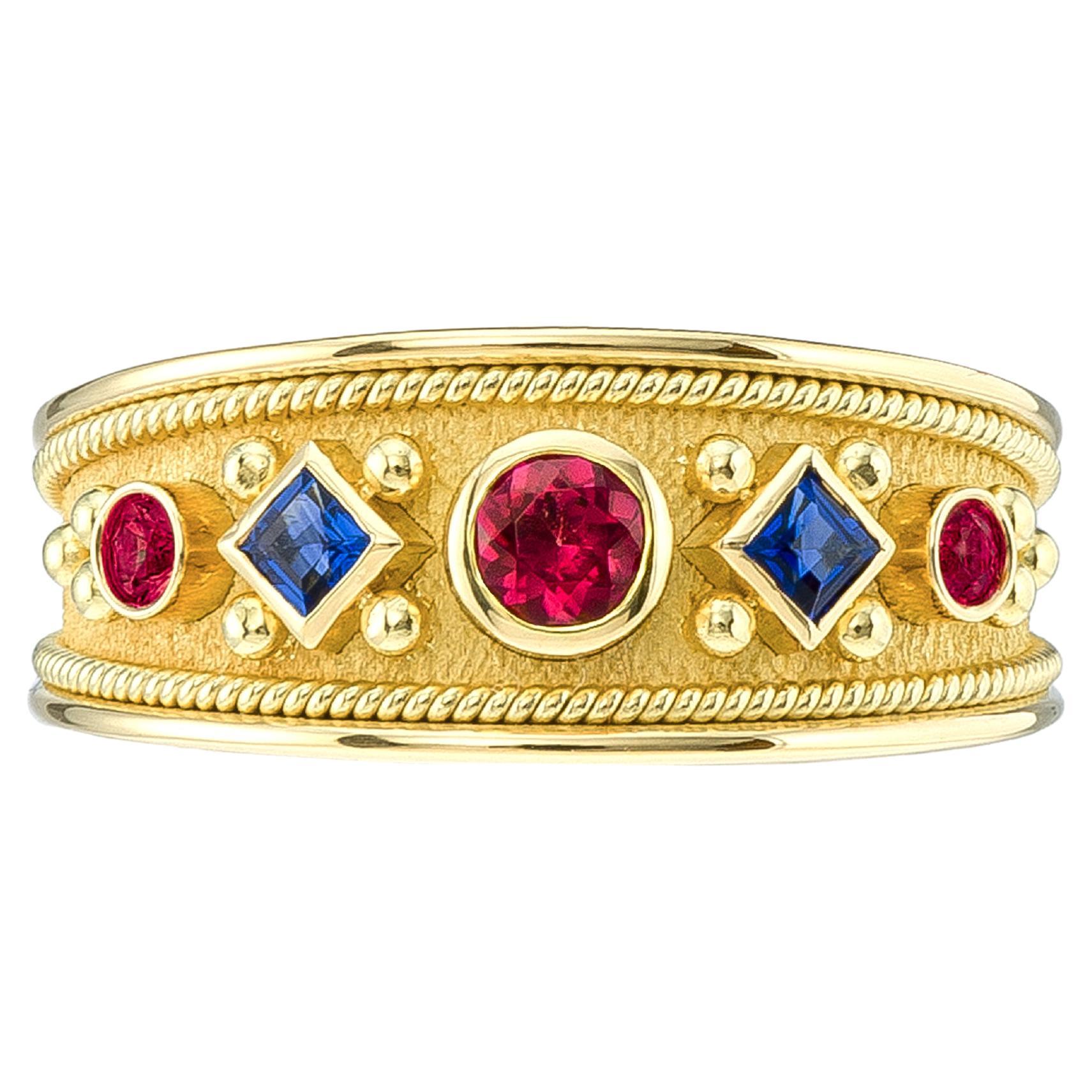 Sapphire Rubies Byzantine Gold Ring For Sale