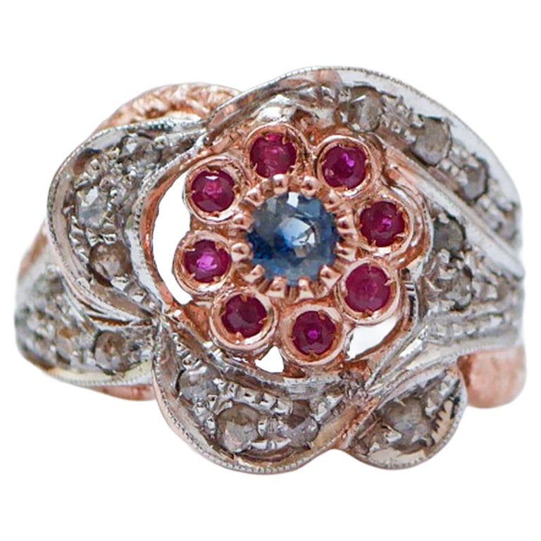 Saphir, Rubine, Diamanten, Rose Gold und Silber Ring. im Angebot