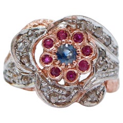 Sapphire, Rubies, Diamonds, Rose Gold and Silver Ring.