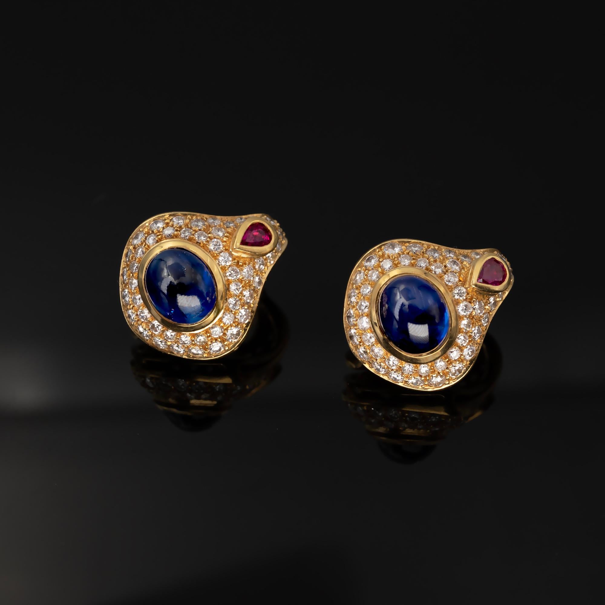 Contemporary Sapphire Ruby and Diamond 18 Karat Gold Clip-On Earrings For Sale