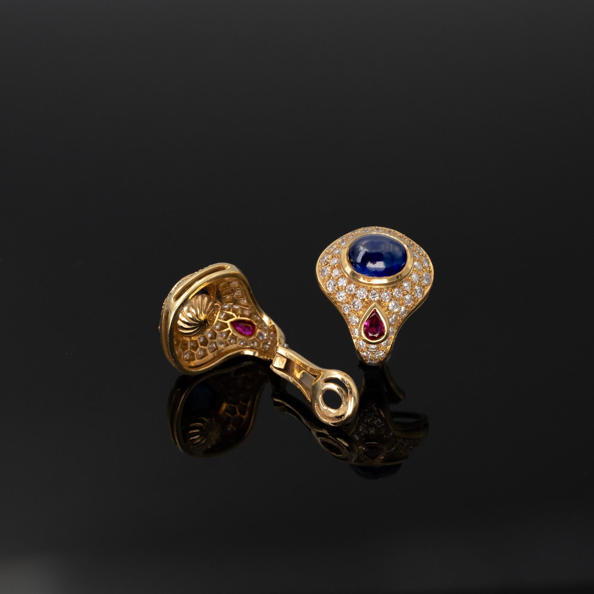 Cabochon Sapphire Ruby and Diamond 18 Karat Gold Clip-On Earrings For Sale