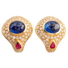 Sapphire Ruby and Diamond 18 Karat Gold Clip-On Earrings